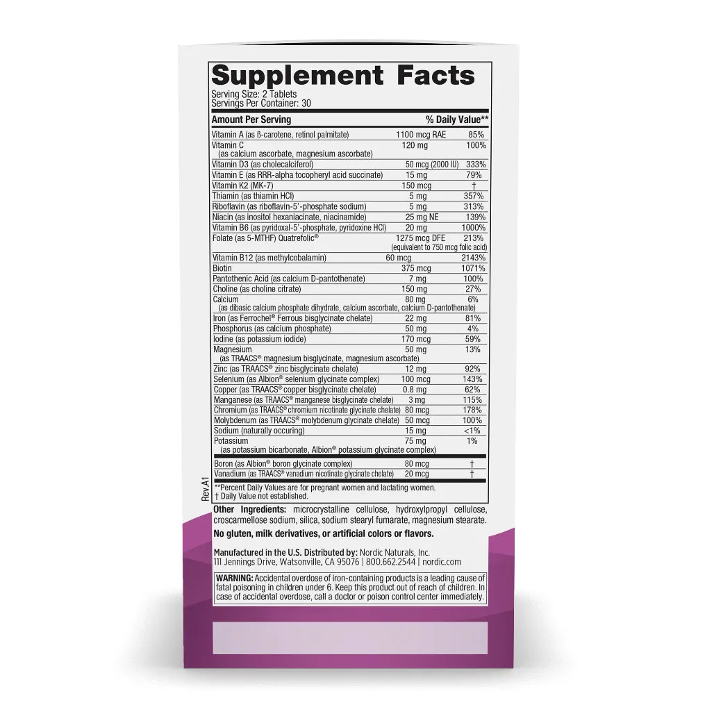 ingredients of Nordic Naturals Prenatal Multivitamin - Comprehensive Prenatal Support