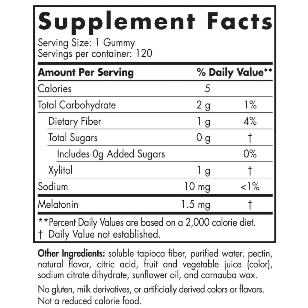 Ingredients of Zero Sugar Melatonin Gummies Dietary Supplement - Xylitol 1 g, Sodium 10 mg, Melatonin 1.5 mg