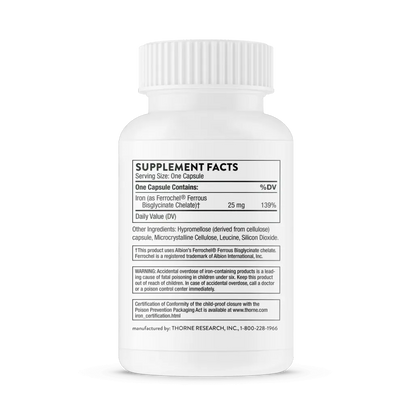 Thorne Iron Bisglycinate NSF 60 vegcaps supplement facts
