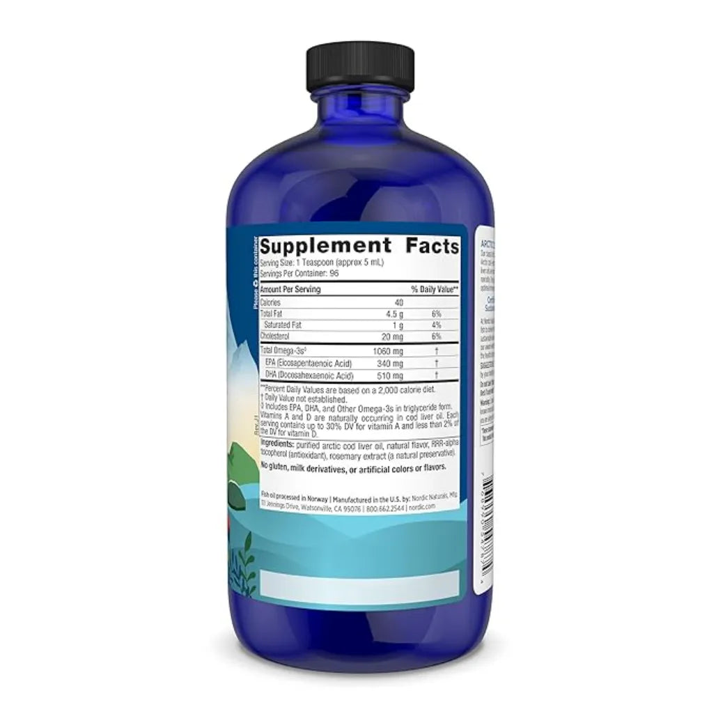 Ingredients of Arctic Cod Liver Oil Orange Dietary Supplement - Vitamin A, Vitamin D, EPA, DHA, Omega-3s