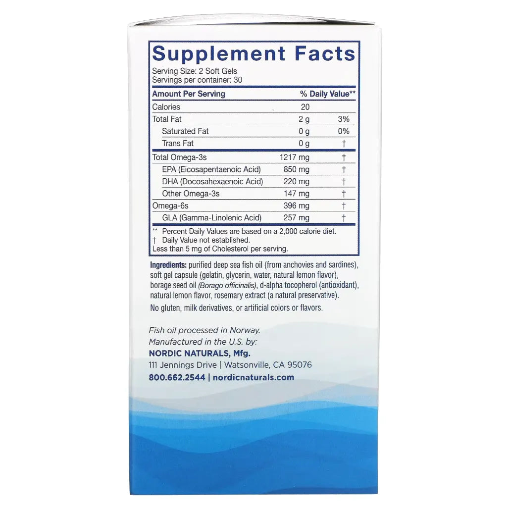 "Ingredients of Nordic Beauty Omega-3 +Borage Oil Dietary Supplement - Omega-3s 1217 mg, EPA 850 mg, DHA 220 mg "