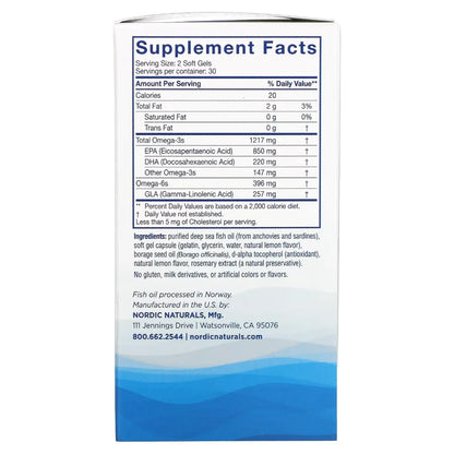"Ingredients of Nordic Beauty Omega-3 +Borage Oil Dietary Supplement - Omega-3s 1217 mg, EPA 850 mg, DHA 220 mg "