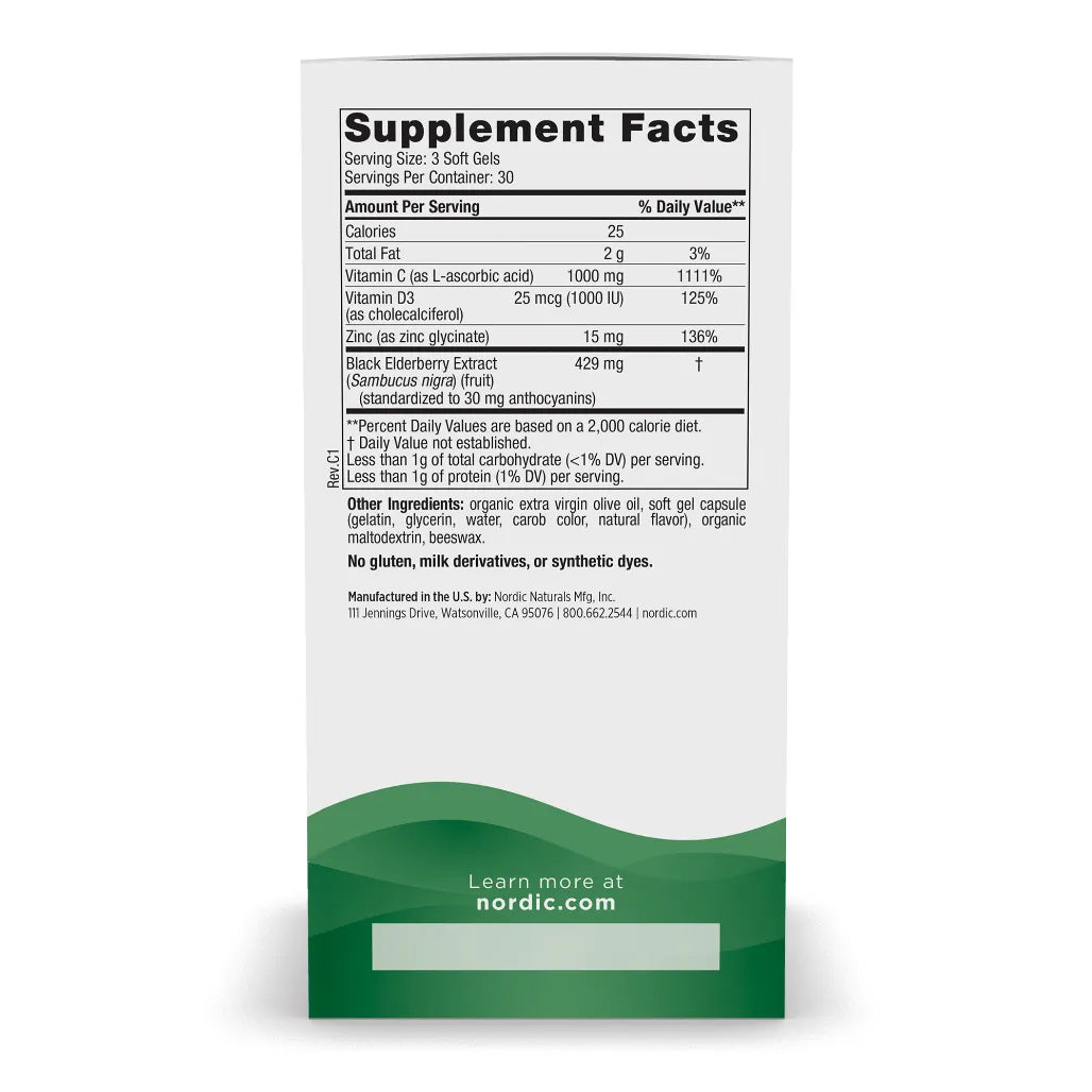 Ingredients of Nordic Immune Daily Defense - Vitamin C , D3, Zinc, Black Elderberry Extract
