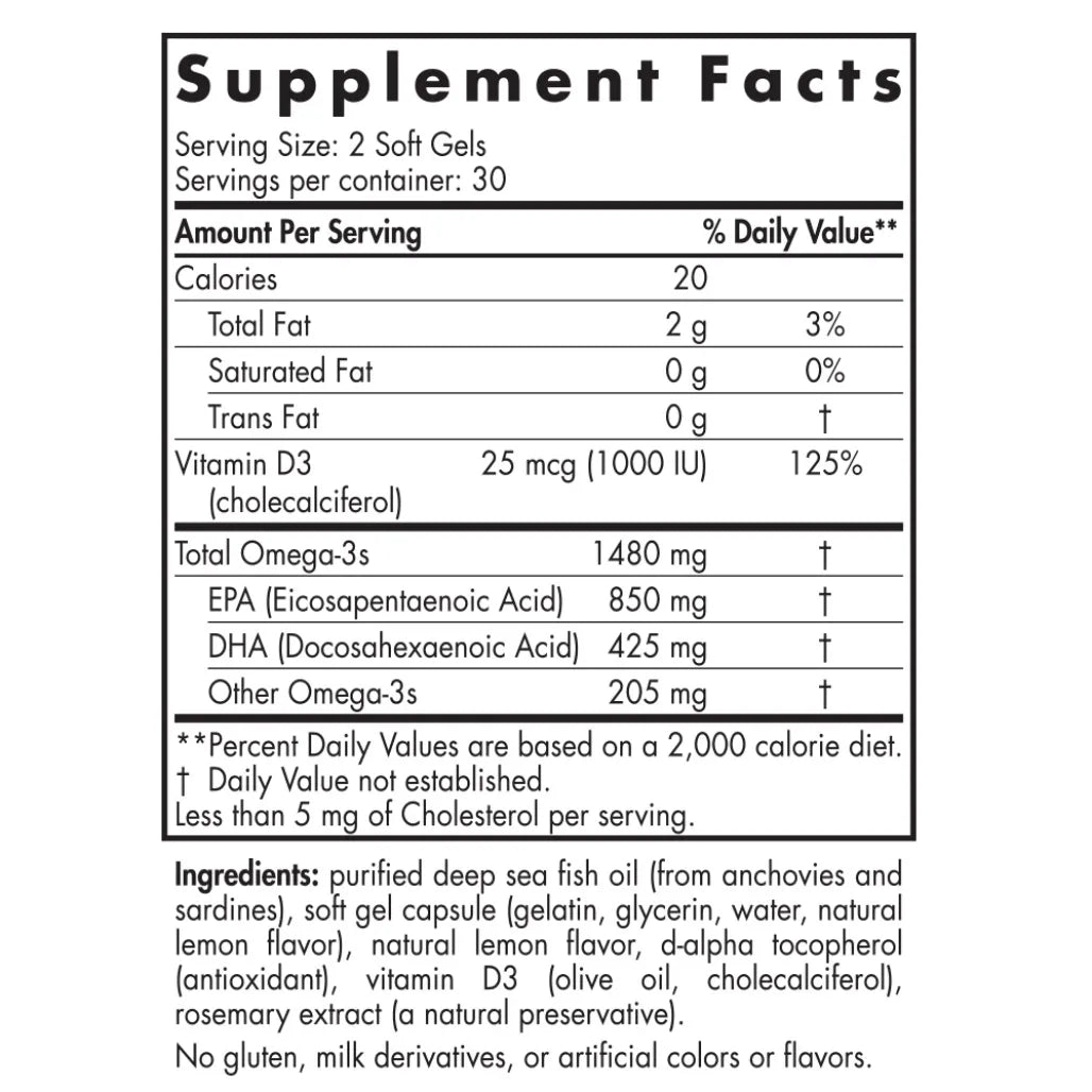 Ingredients of Ultimate Omega-D3 Sport Dietary Supplement - Vitamin D3 25 mcg, Omega-3s 1480 mg