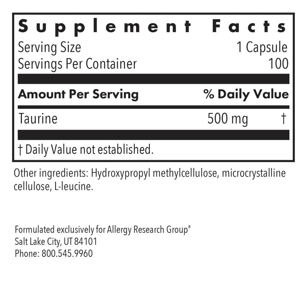 Allergy Research Group Taurine 500 mg vegcaps label