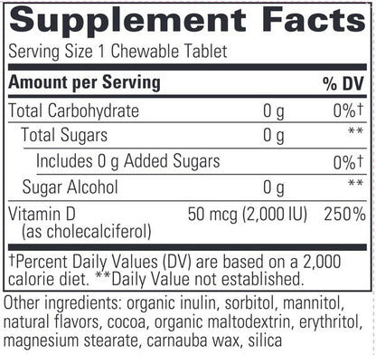Integrative Therapeutics Vitamin D3 Chocolate 2000 IU 120 tabs chewable supplement facts
