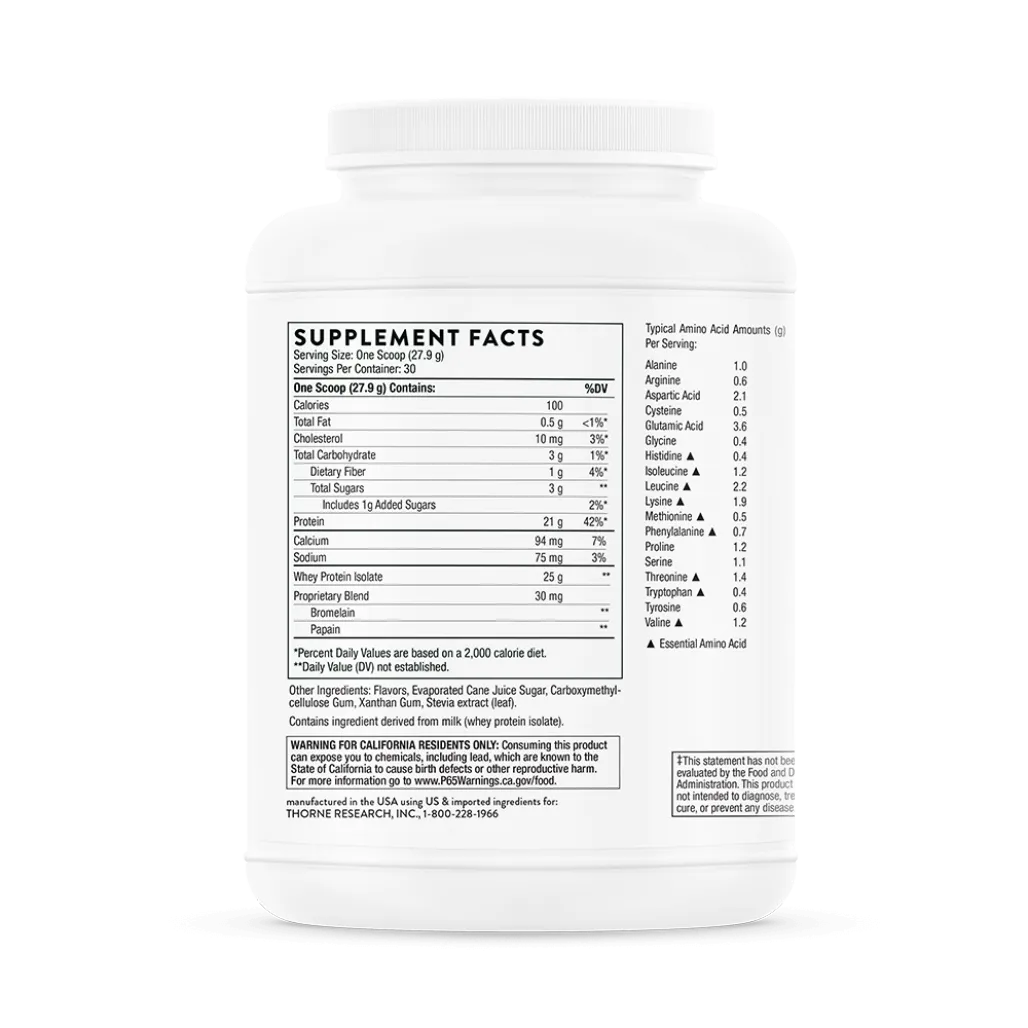 Thorne Whey Protein Isolate Vanilla NSF 29.5 oz supplement facts