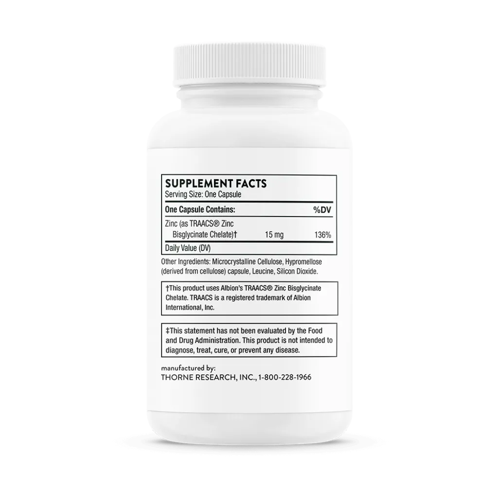 Thorne Zinc Bisglycinate 15 mg 60 caps supplement facts