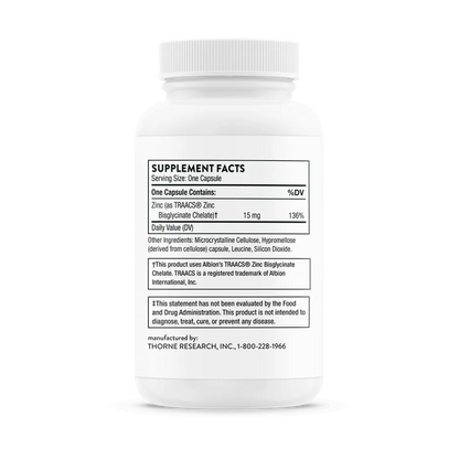 Thorne Zinc Bisglycinate 15 mg 60 caps supplement facts