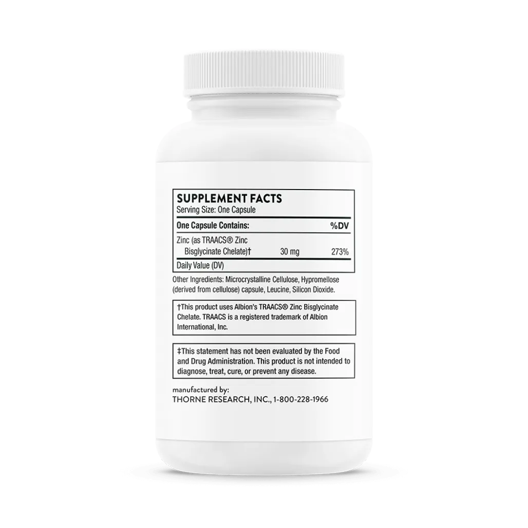Thorne Zinc Bisglycinate 30 mg 60 caps supplement facts