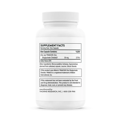 Thorne Zinc Bisglycinate 30 mg 60 caps supplement facts